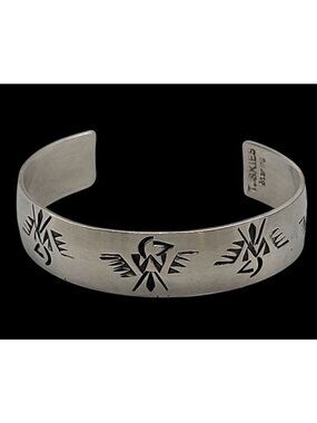 T Skies Sterling Silver Thunderbird Open Cuff Bracelet Native American SZ 6.5"